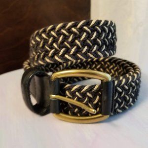 Liz Claiborne Jute & Cotton Black & Tan Braided Belt & Leather Buckle Tip Sz M